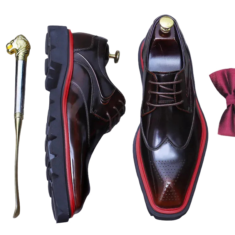 BURGUNDY WING - Men's Patent Leather Wingtip Brogue Derby Shoes - Thick Sole, Non-Slip Office Footwear