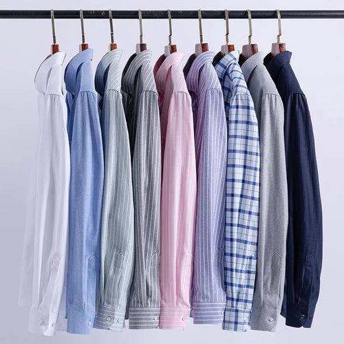 100% Cotton Oxford Men Shirts Long Sleeves Plaid Soft Regular Fit Formal Dress Shirt Pocket Social Blouse Male Clothes S-7XL