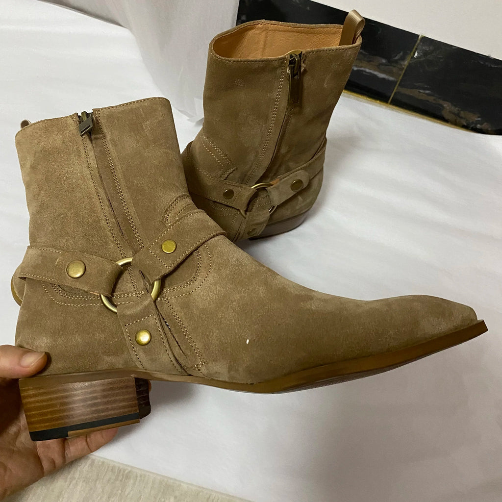 BEIGE SUEDE CHELSEA BOOTS - Men's Handmade Cow Suede Buckle Strap Catwalk Wedge - Luxury Style