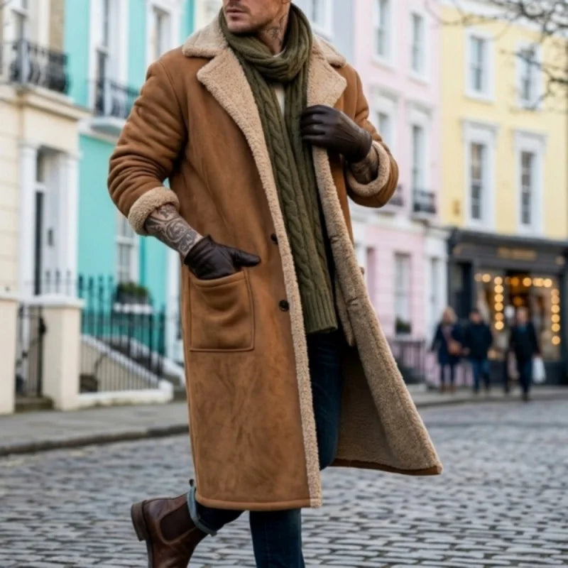 WINTER LONG FLEECE COAT - Men's Windproof Overcoat Turn-Down Collar Single Breasted England Style - Ginger / Burgundy / Black / Sky Blue
