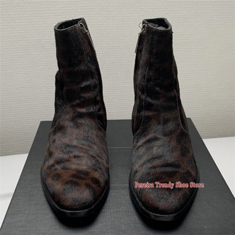 LEOPARD CHELSEA BOOTS - Men's Handmade Genuine Leather Side Zipper Mid Heel - Trendy & Bold