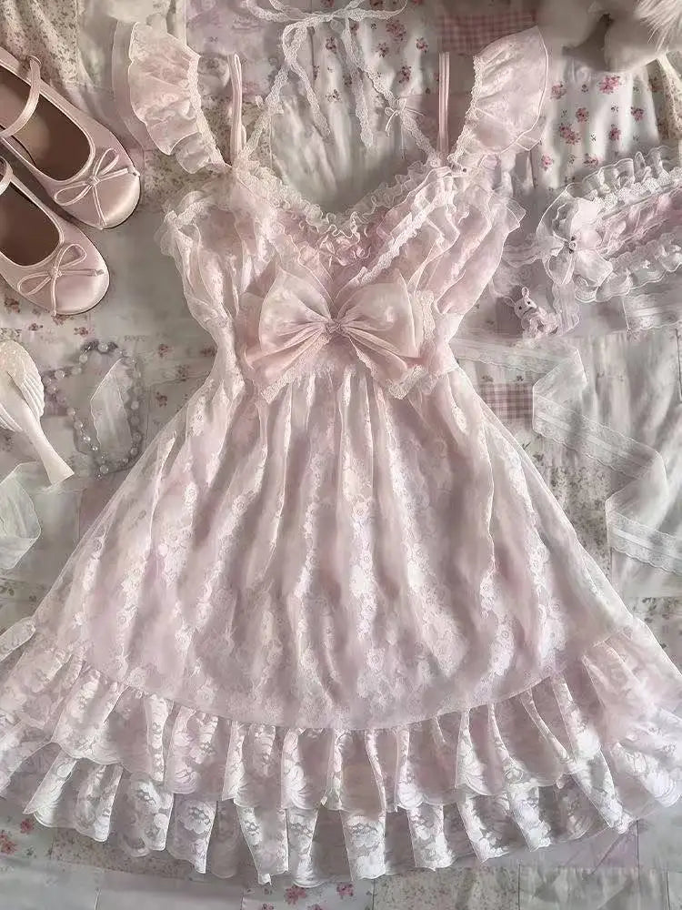 French Style Sweet Cute Polka Dot Splicing Dress Lace Bow Korean Fashion Dresses New Design Slim Waist Lady Y2k Mini Dress