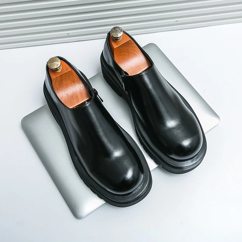 ZIP OXFORD - Men's Side Zipper Cowhide Leather Oxford Shoes - Breathable Casual Dress Shoes Black Brown