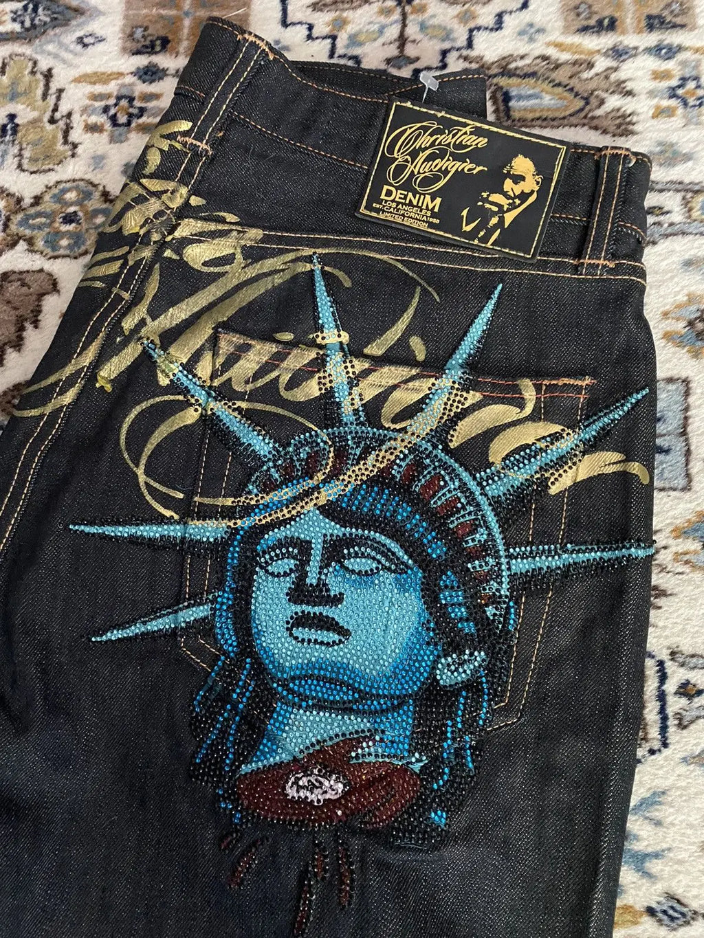 Y2K Vintage Statue of Liberty Rhinestone Jeans - High Waist Wide Leg