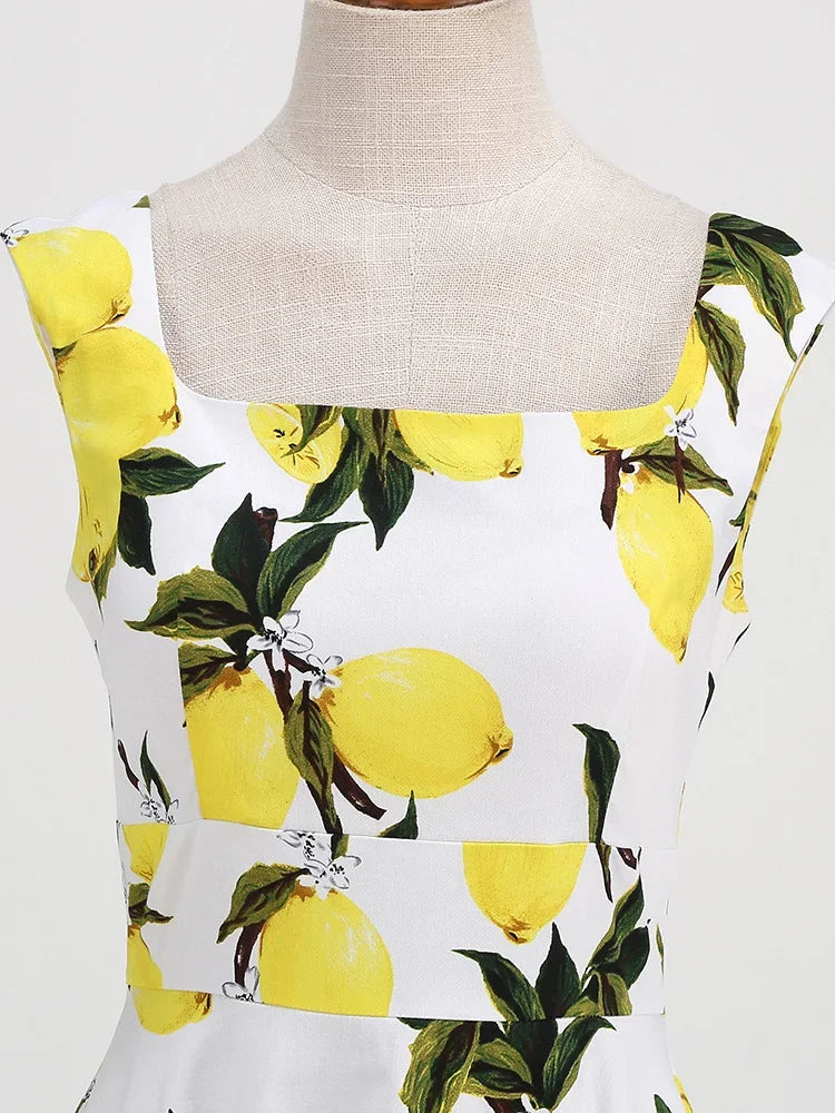 2025 New Hepburn Vintage Lemon Print 50s Pinup Women Cotton Dresses Square Neck Summer Sleeveless High Waist Elegant Party Dress