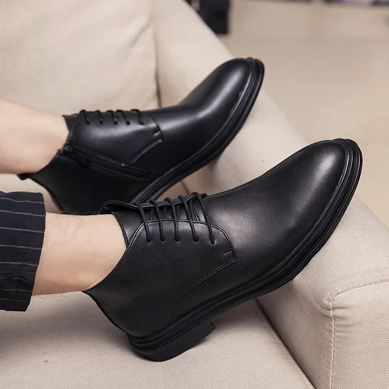 Men's Business Ankle Boots - Lace-Up Side Zipper PU Leather Round Toe Low Heel