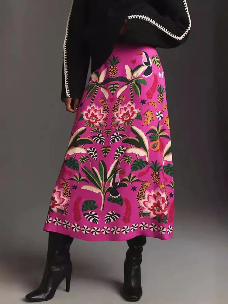 Tropical print midi skirt - retro style, street fashion
