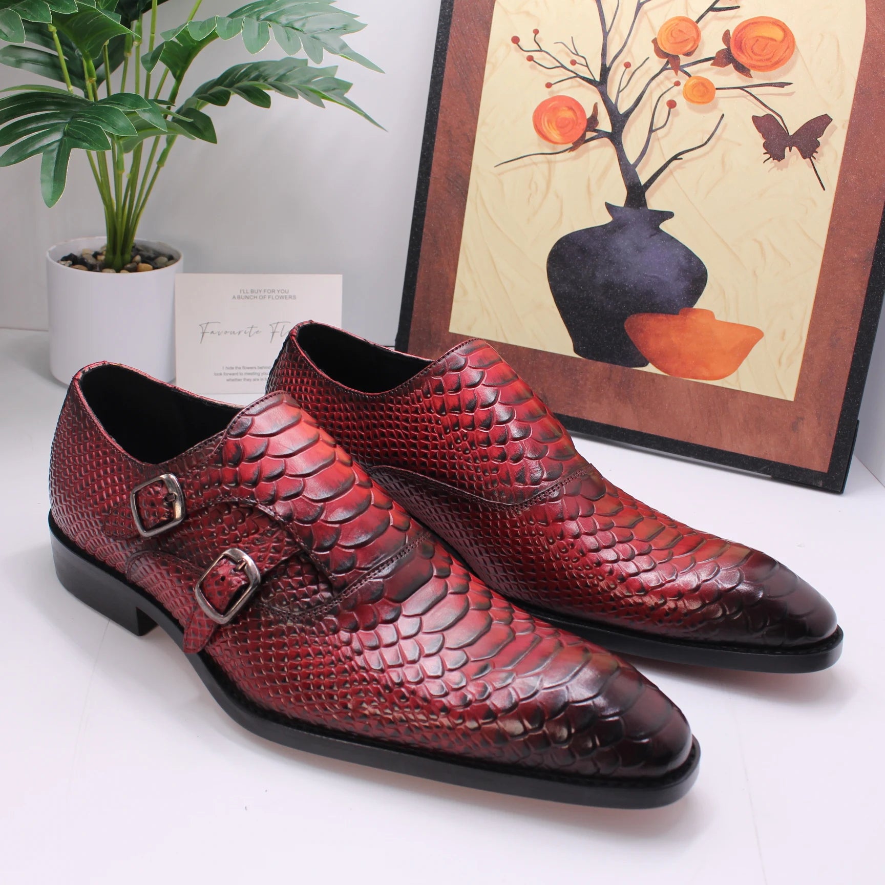 CROCODILE GRAIN DRESS SHOES - Men's Handmade Cow Leather Lace-Up Brogue Business Shoes Waterproof - Black & Red