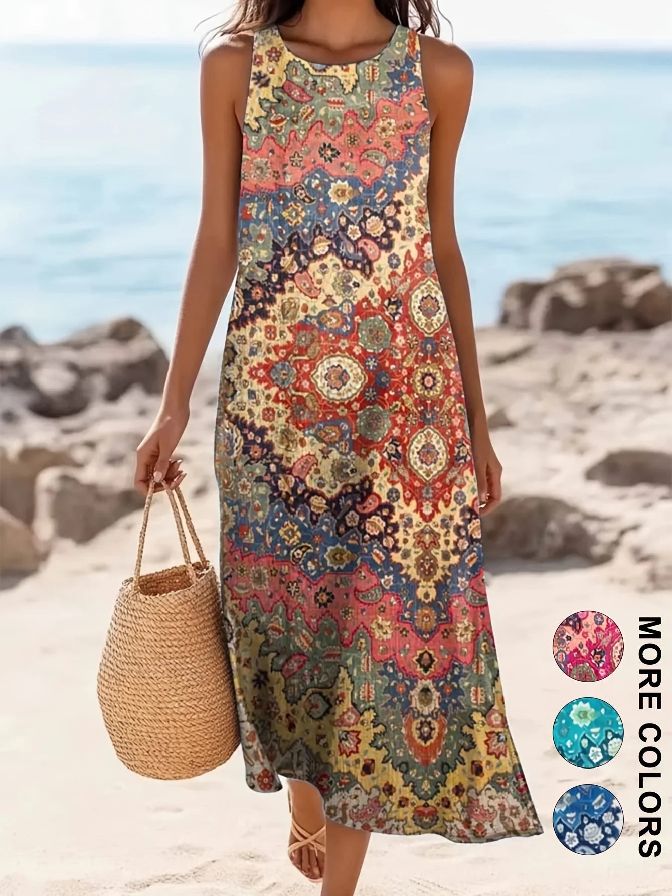 NEW Spring and Summer Vacation Style Paisley Pattern Women's Long Skirt Loose Sleeveless Fit Suitable Crew Neck Sleeveless Dress