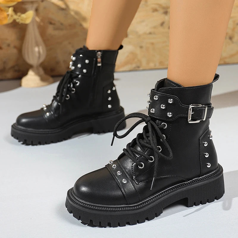 Rivet Punk Ankle Boots – Lace-Up Platform