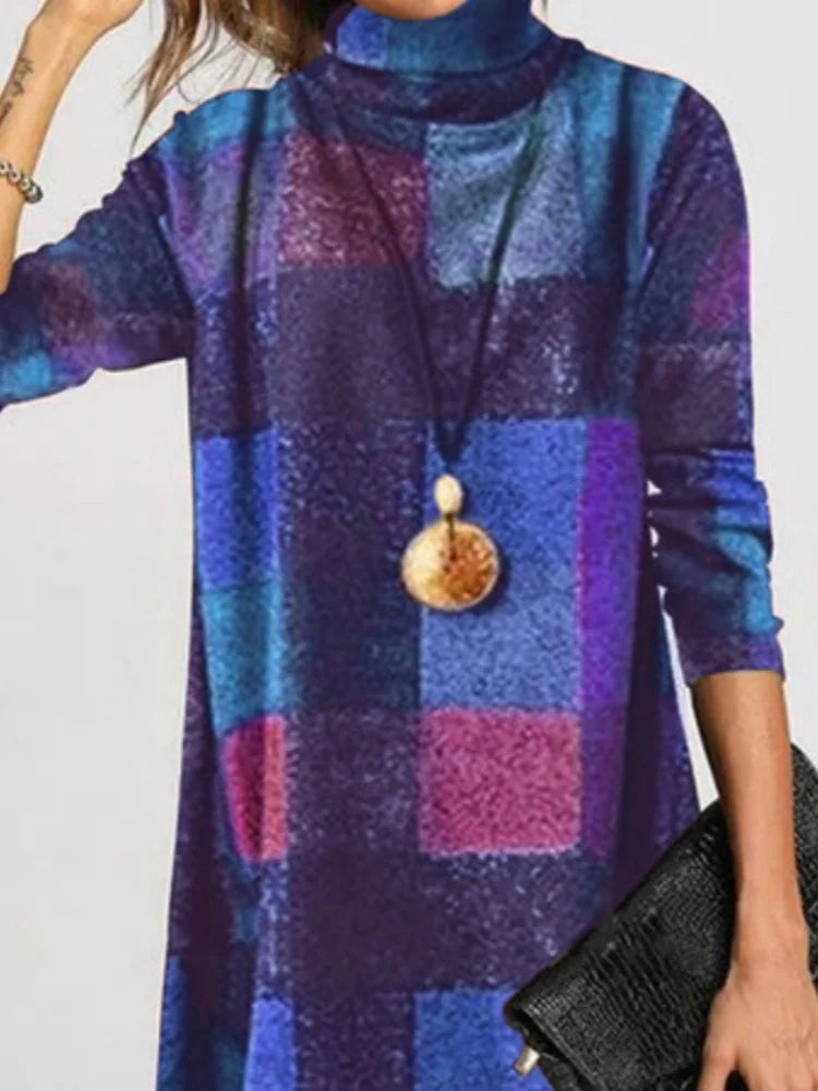Vintage High Neck Long Sleeve Dresses Plaid Thick French Style Elegant Office Commuting Cashwool Frock Ladies Dress Costume