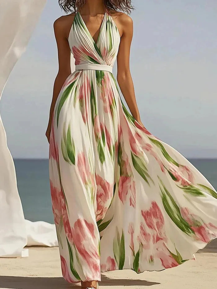 2026 European and American Fashion Sleeveless V-neck Digital Printed Belt Long Skirt Dress