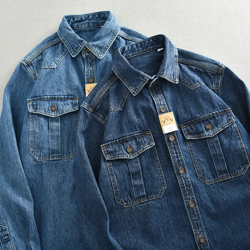 HEAVY DENIM OVERSHIRT - Men's Loose Fit Long Sleeve Cotton Shirt Turn-Down Collar Pockets - Two Colorways