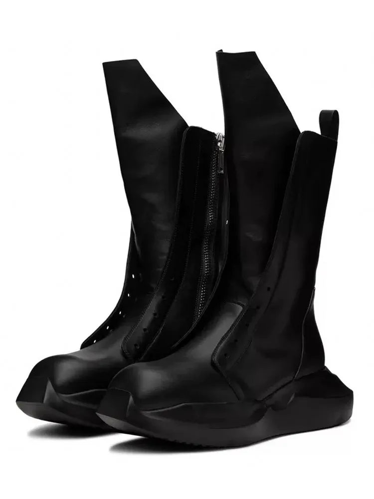 Men's Gothic Platform Mid-Calf Boots - Handmade Genuine Leather Zip Moto Dark Luxury