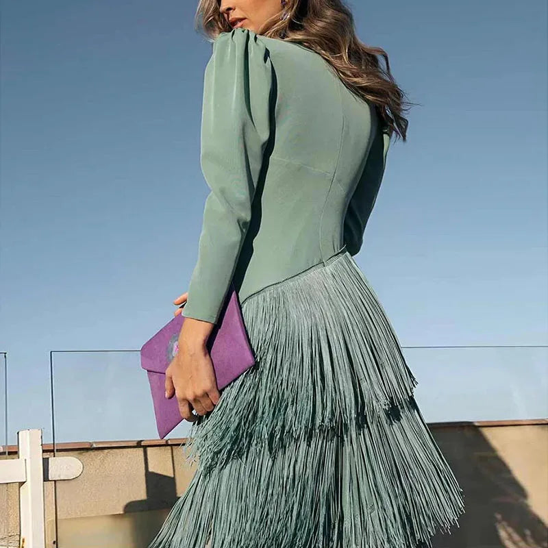 Long Sleeve Spliced Tassel Party Dresses Woman Elegant Deep V Neck Sheath Long Dress Fashion Solid Pleated Bohemian Dress