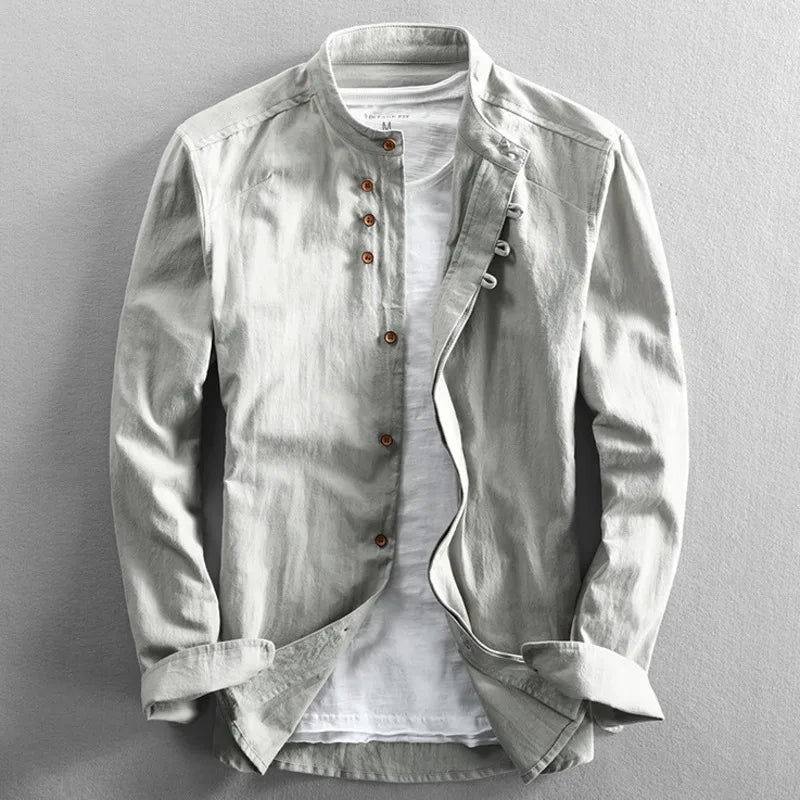 MEN'S LINEN COTTON SHIRT - Stand Collar, Long Sleeve - Easy Days