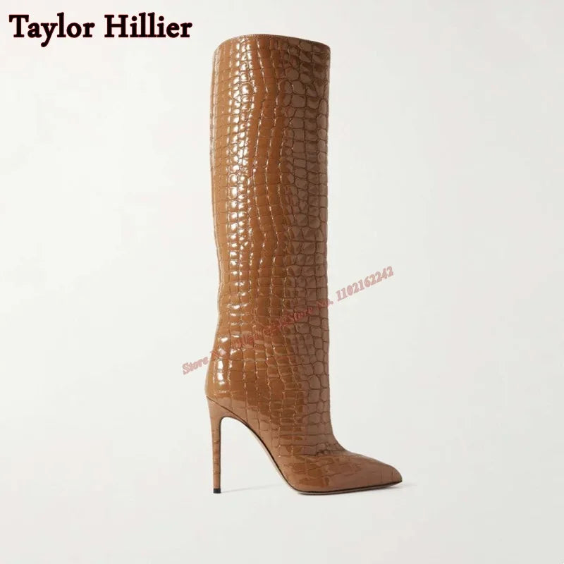 Croc-Embossed Knee-High Stiletto Boots