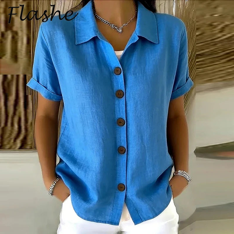 Women's Elegant Summer Cotton Linen Tops Short Sleeve Lapel Button Up Solid Color Loose Shirt Women Casual Blouse Cardigan Tops