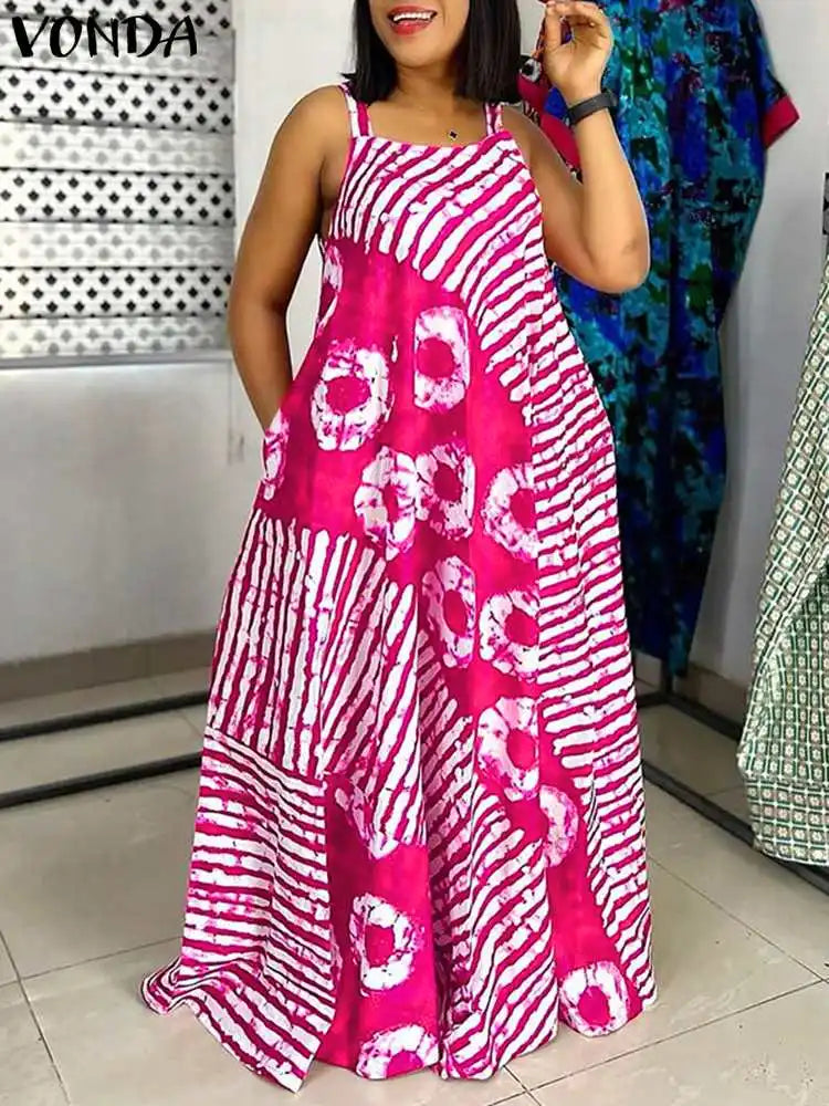 VONDA Plus Size 5XL Summer Bohemian Printed Maxi Dresses Sleeveless Party Beach Sundress Tank Long Vestido Casual Holiday Robe