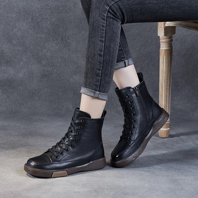Genuine Leather Ankle Boots – Handmade Retro Lace-Up