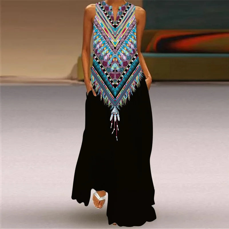 The New Sleeveless European and N Women's Dress V-neck Flower Retro Print Dress