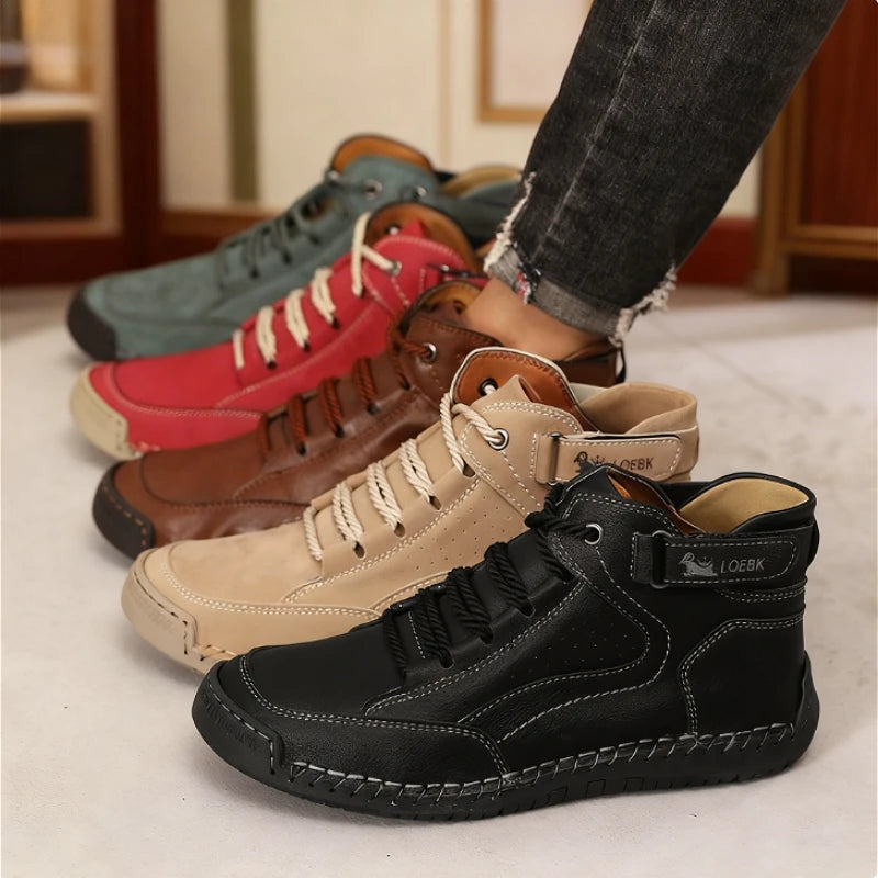 Men's Casual Leather Walking Shoes - Hook & Loop Slip-On Outdoor Driving Shoes