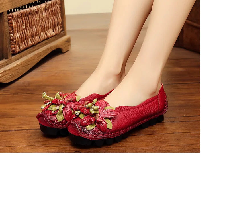 WOIZGIC Women Female Mother Ladies Genuine Leather Shoes Flats Loafers Non Slip On Flowers Retro Moccasins Plus Size 41 42