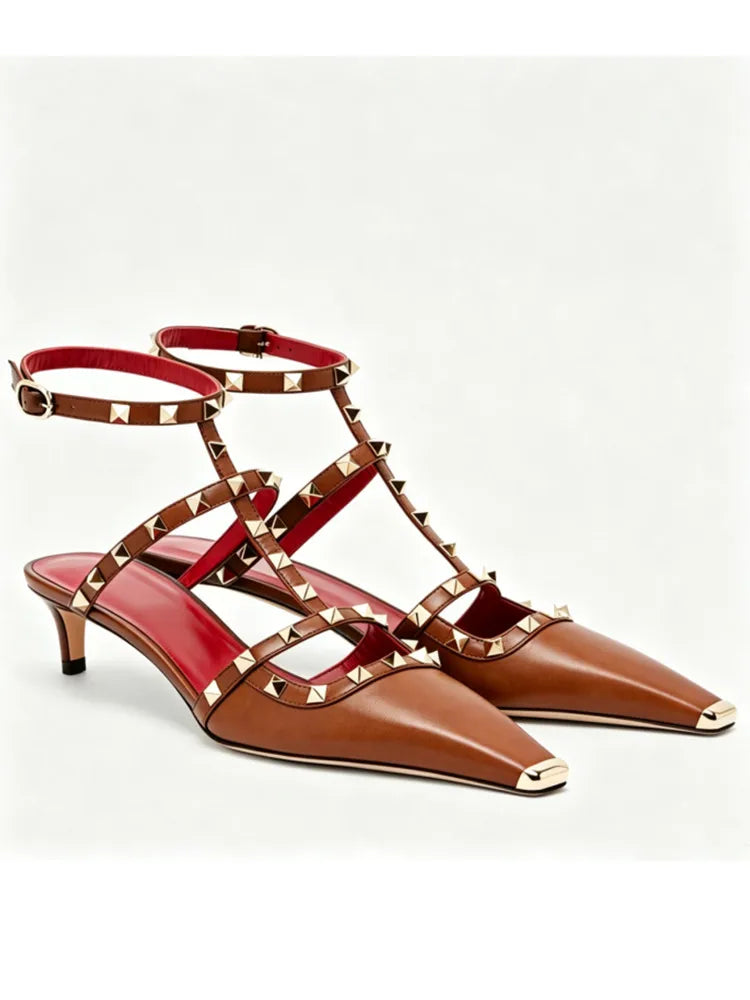 Studded High Heel Sandals – T-Strap Pointed Toe Stiletto Party Heels