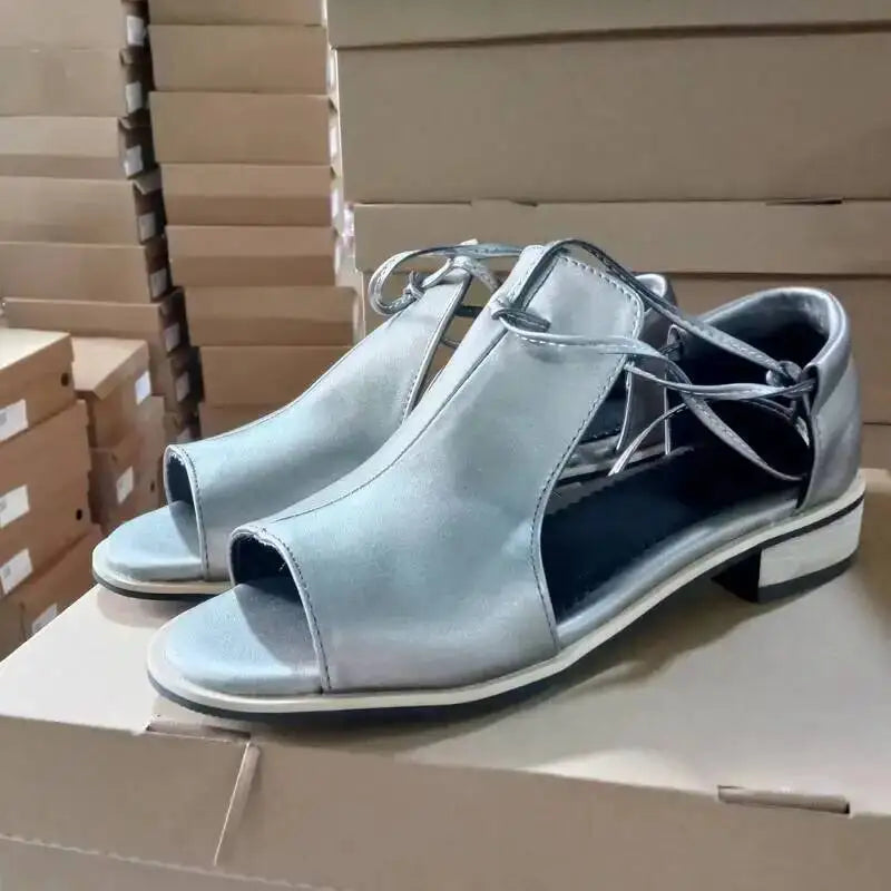 Summer Peep Toe Silver Women Sandals Size 34-43 Casual Low Heel Women's Shoes