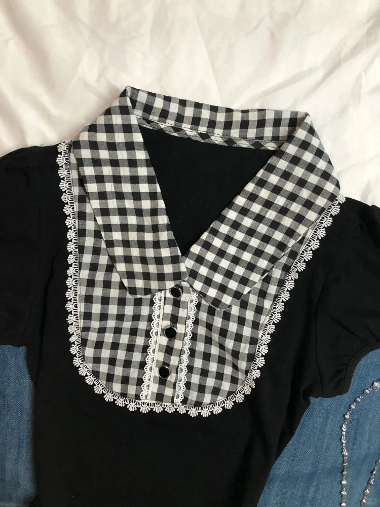 Y2k Vintage Short Sleeve T-Shirt Plaid Print Polo Top Women Casual American Retro Slim Fit Button Patchwork Spring Summer