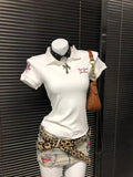 American retro vintage letter polo shirt patchwork short sleeved polo shirt women summer top trend shirts women streetwear