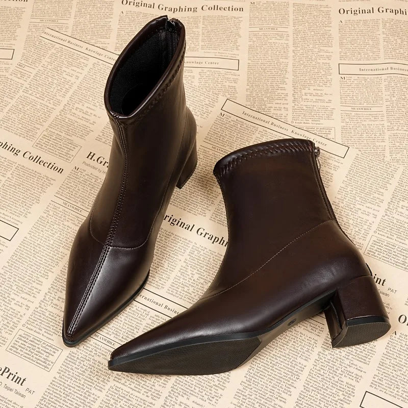 Vintage Ankle Boots – Thick Square Heel Pointed Toe Zip