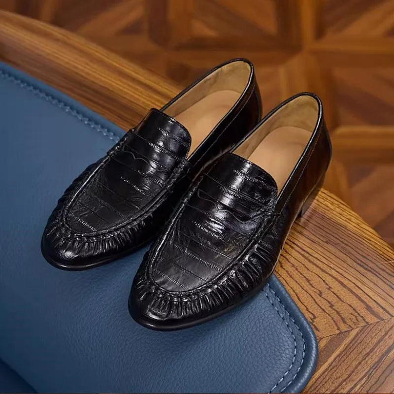 Men's Genuine Leather Loafers - Vintage Pleated Pointed Toe Slip-On Handmade