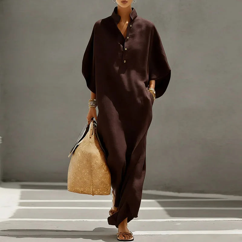 Summer Holiday Bohemian Long Dress Women's Sexy Stand Collar Button Elegant Party Dresses Spring Batwing Sleeve Loose Maxi Dress