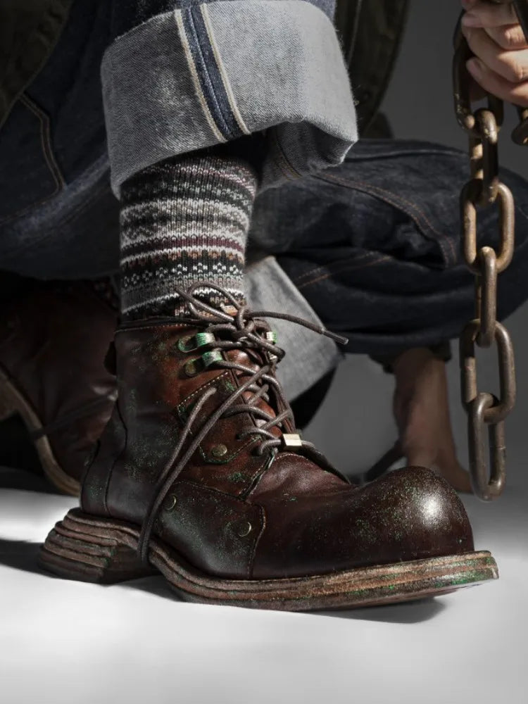 Vintage Cargo Motorcycle Boots - Handmade Genuine Leather High-Top Retro Plus Size