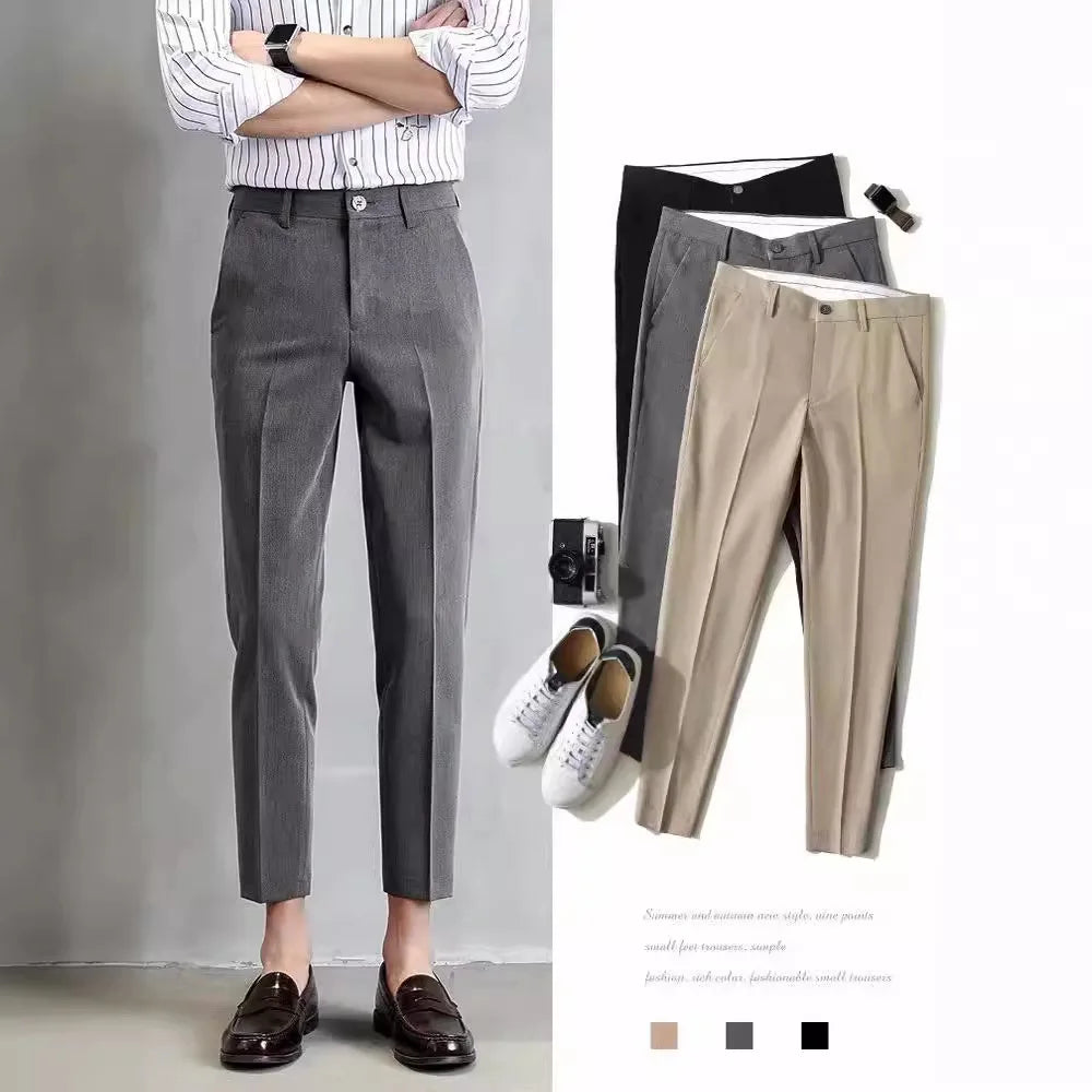 SHARP CUT - Men's Elastic Waist Cropped Suit Pants - Business Casual Straight Leg