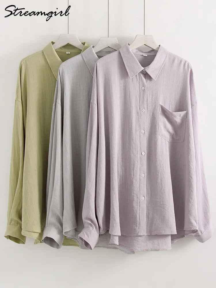 Streamgirl Summer White Linen Shirts For Women Oversized Long Sleeve Tops Lady Loose Basic Linen Tops Women Blue Shirts Oversize