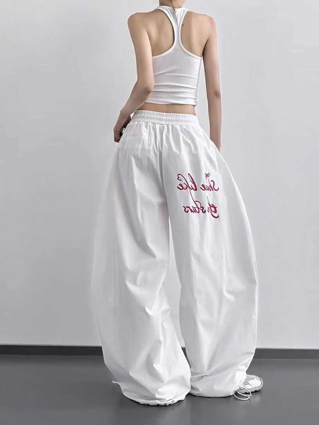 Wide Leg Sweatpants - Letter Print Drawstring Skirt Style