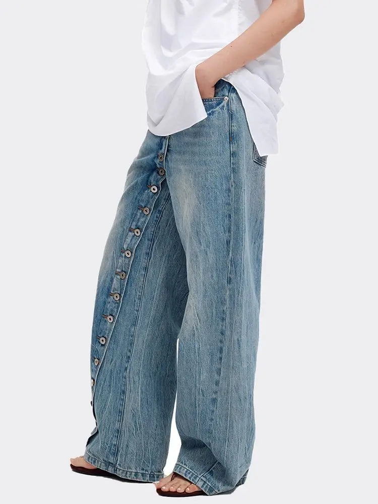High Waist Wide Leg Jeans - Retro Print