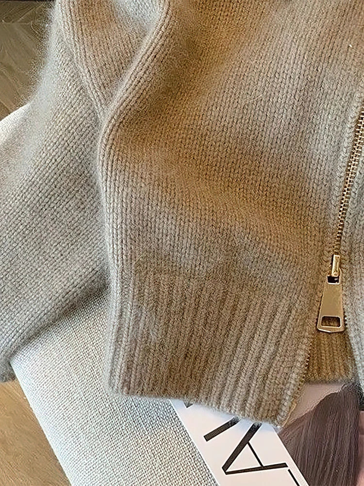 Cropped Zip Knit Bomber Cardigan