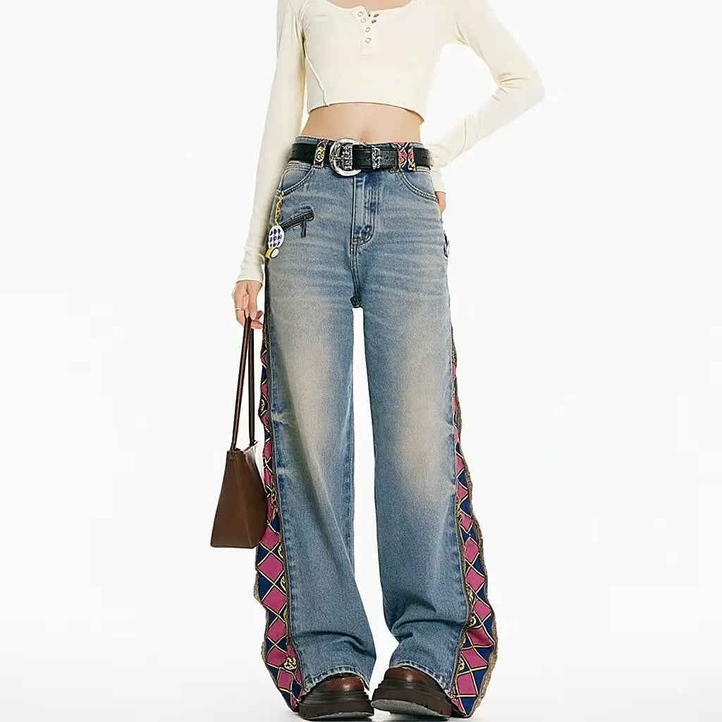 Retro Plaid Patchwork Straight Jeans - High Waist Baggy Vintage