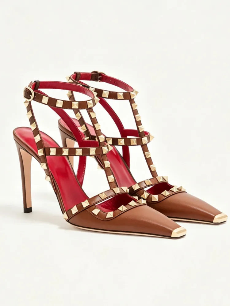 Studded High Heel Sandals – T-Strap Pointed Toe Stiletto Party Heels