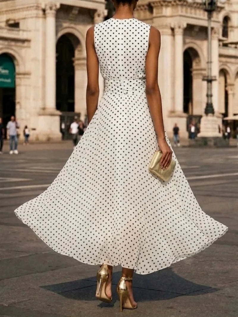 Women's Sleeveless Polka Dot A Line Chiffon Maxi Dress with Waist Tie for Summer Party