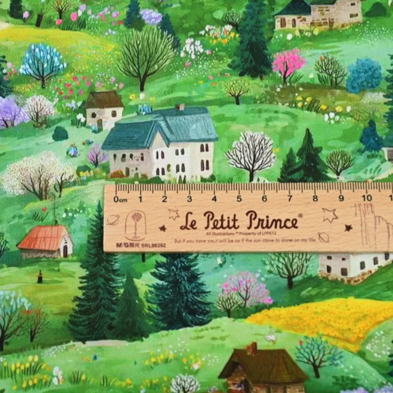 GREEN HANDPAINTED ARCHITECTURE COTTON FABRIC - 100% Cotton, Woven Brocade - Creative Rooms