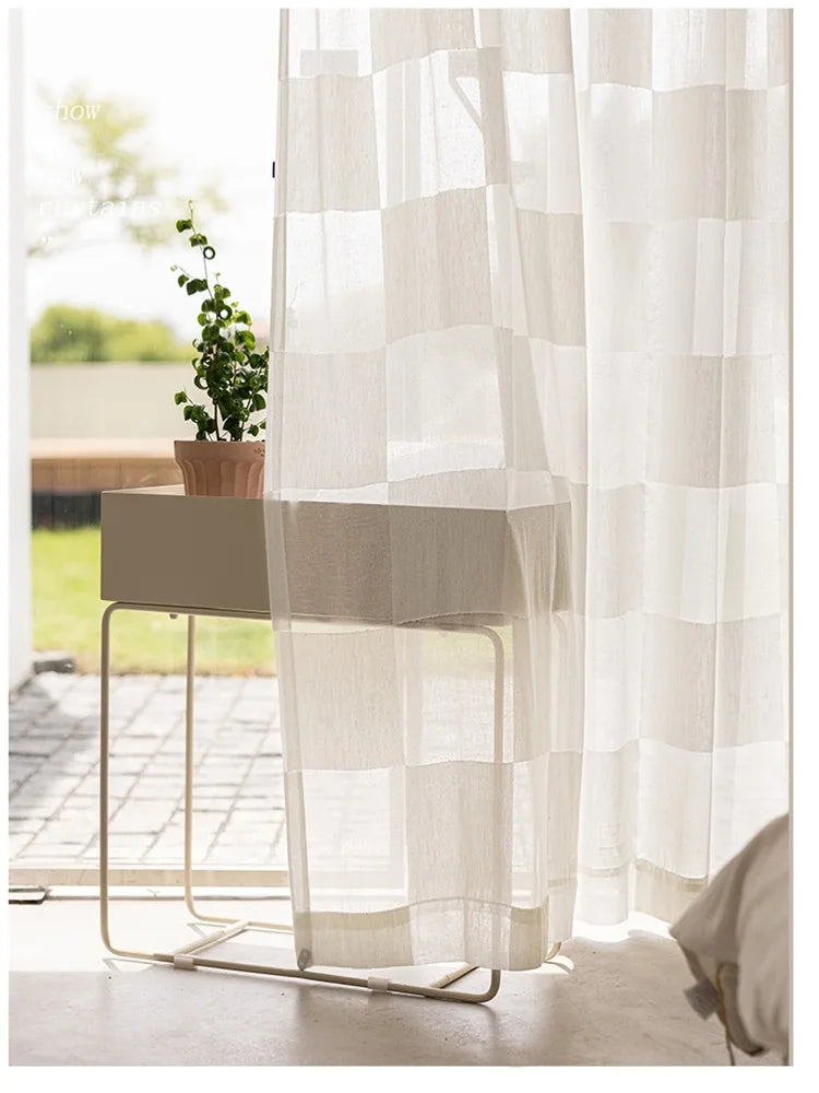 GRID VOILE SHEER CURTAIN - Ecru Plaid Weave, 5 Hanging Styles - Soft Rooms