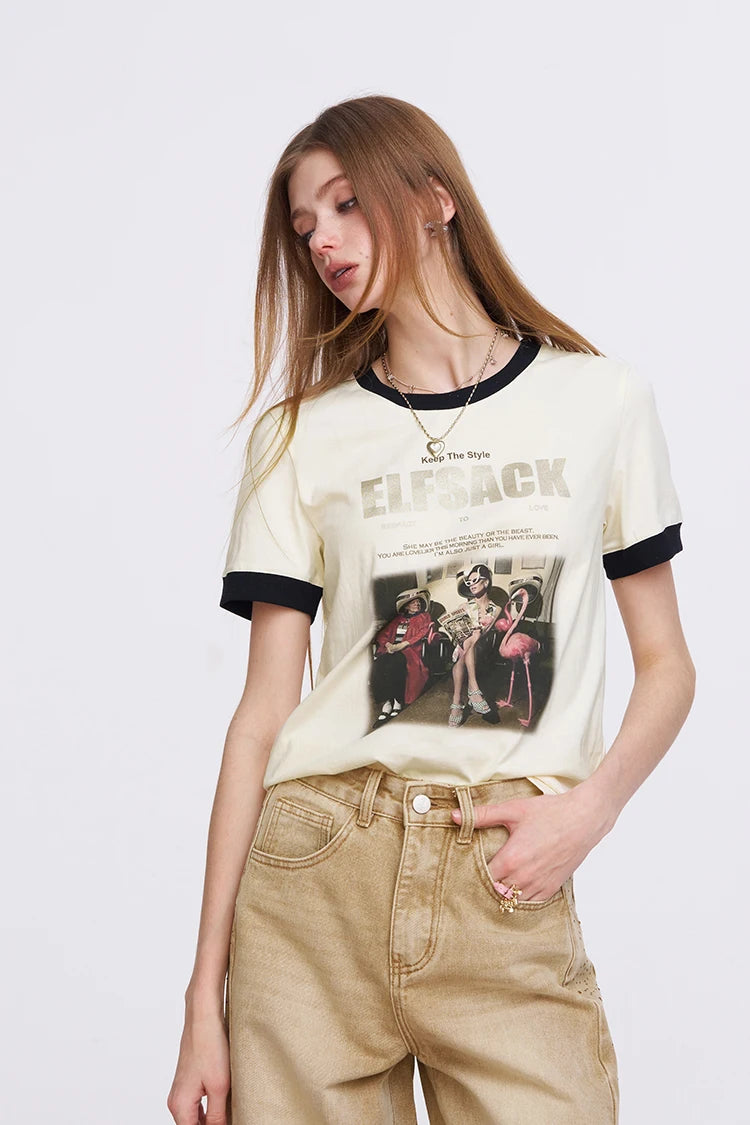 ELFSACK Women's Vintage Ringer T-Shirt with Photo Graphic Print, Retro Contrast Tee for Summer, Chic Aesthetic Short Sleeve Top