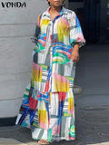 VONDA Plus Size 5XL Bohemian Printed Dress Autumn Women Elegant Long Sleeve Vintage Maxi Sundress Casual Button Loose Party Robe