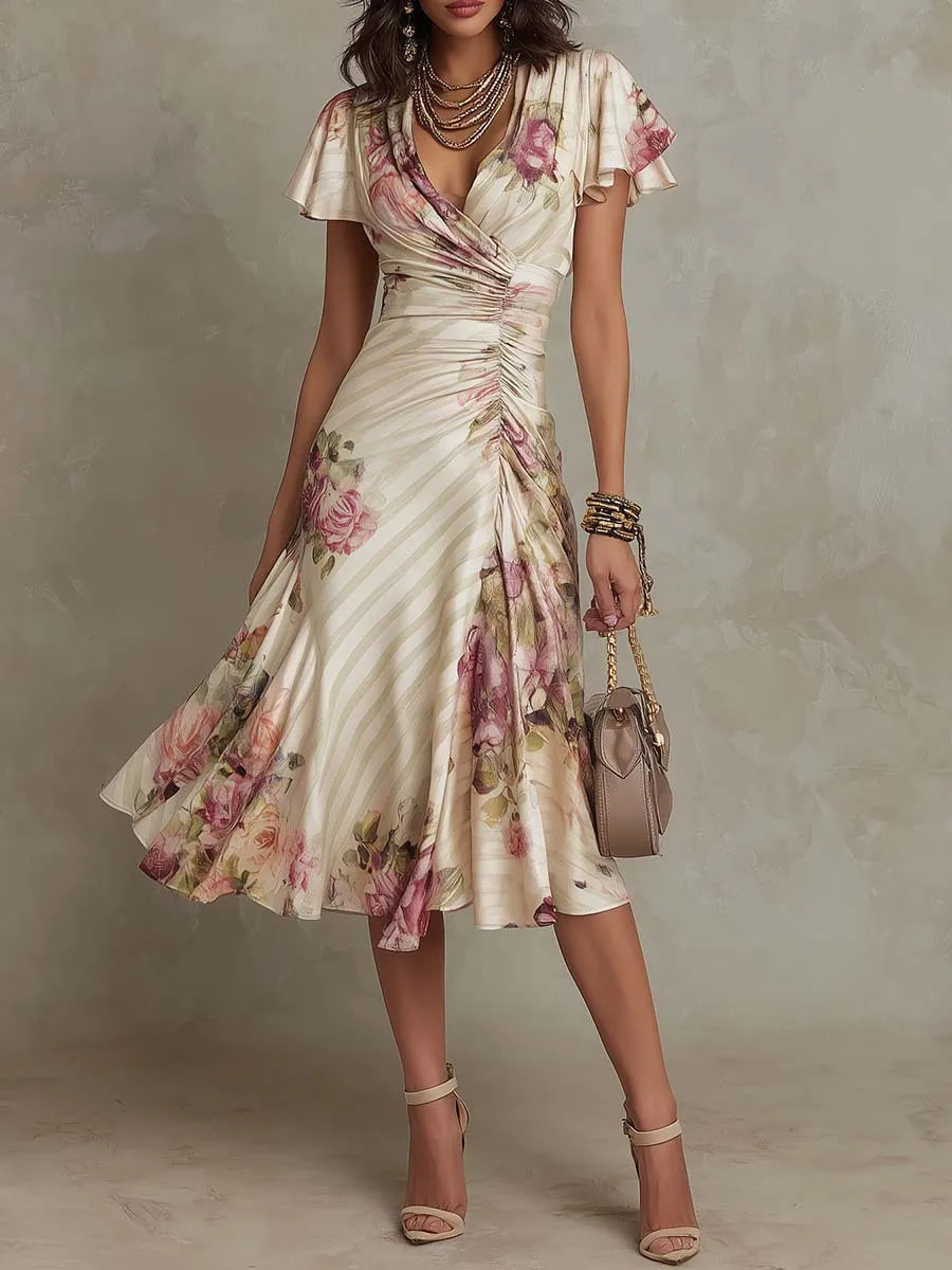 Fashion Print Sexy Deep V Neck Ruffle Short Sleeve Women's Dress Summer Fashion Pleated Slim Elegant Female Party Dresses 2026