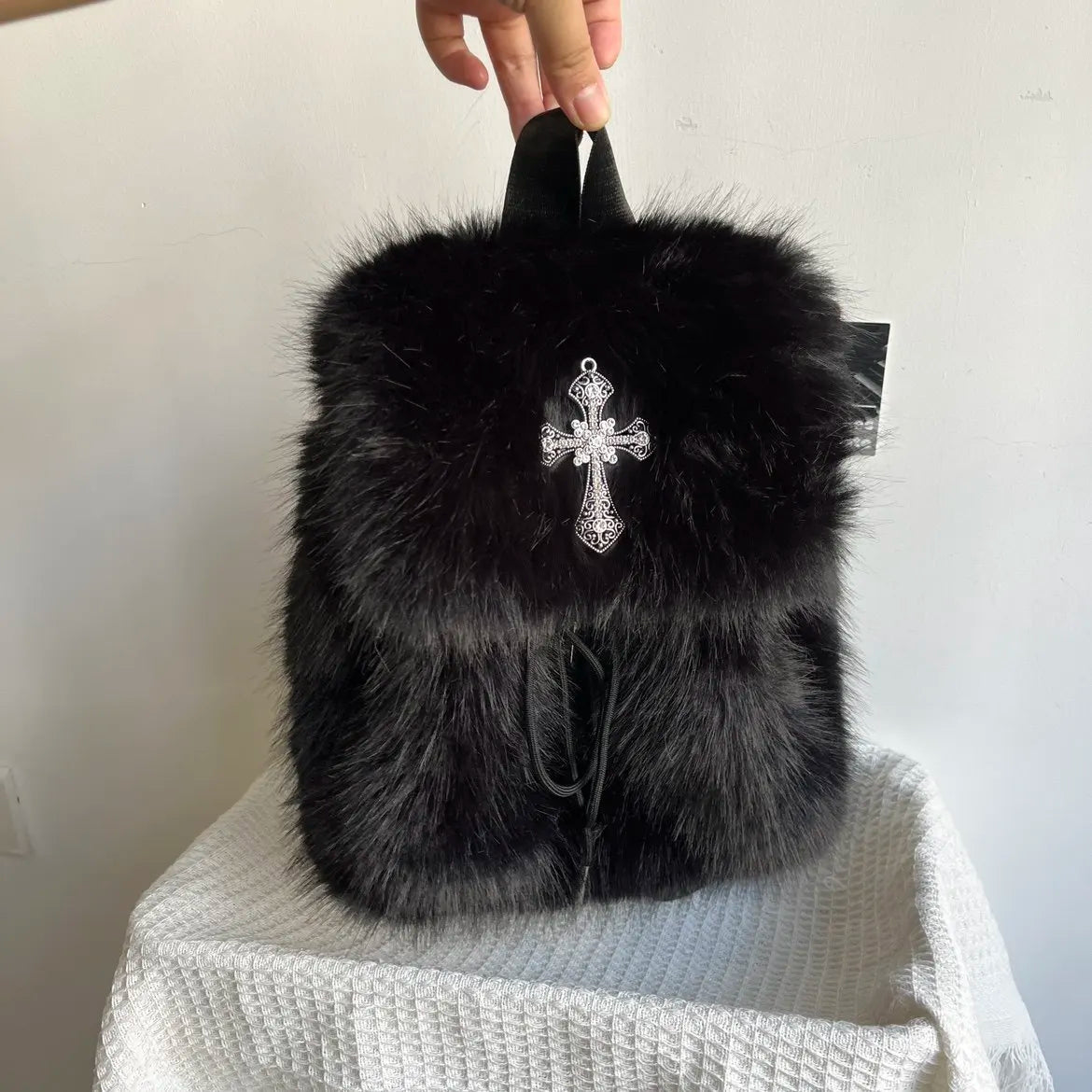 Black Plush Backpack Y2K Gothic Cross Fluffy Fur Backpack