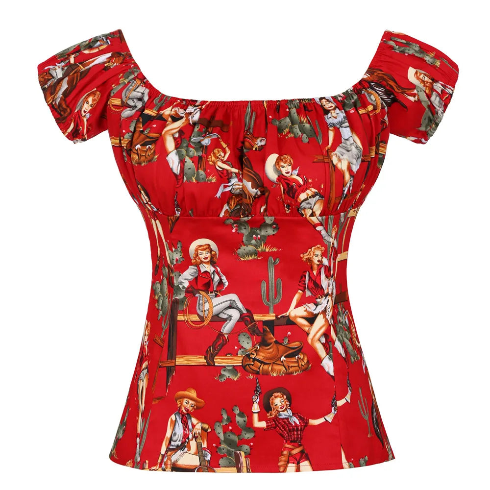 SISHION 2026 Cotton Printed Women 50s 60s Vintage T-Shirts WS0004 Rockabilly Slash Neck Camisetas Casual Y2K Tops Summer Blouses